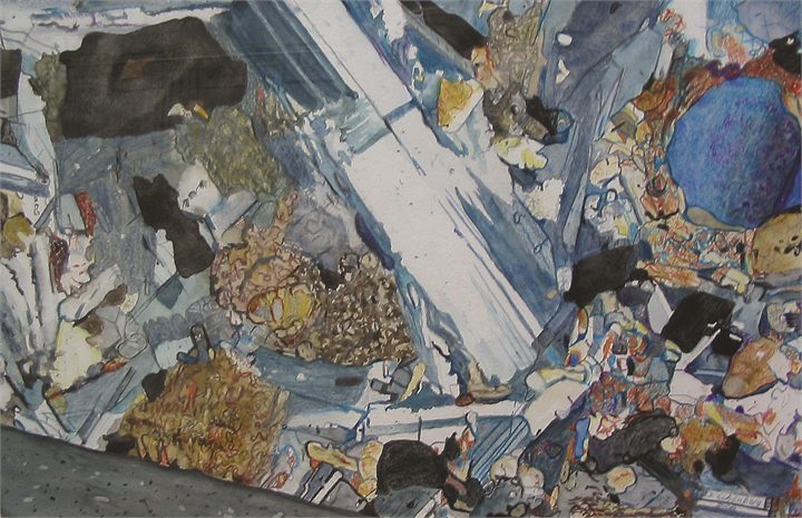 Petrographisches Gemälde Alkali-Olivin-Basalt nach einem Gestein aus Blaue Kuppe, Nordbruch bei Eschwege, von Dieter Schönberg