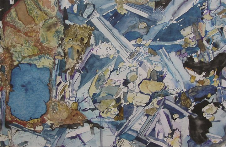 Petrographisches Gemälde Alkali-Olivin-Basalt nach einem Gestein aus Blaue Kuppe, Südbruch bei Eschwege, von Dieter Schönberg