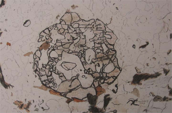 Petrographisches Gemälde Gföhler Gneis nach einem Gestein aus Karlstein an der Thaya, Waldviertel, von Dieter Schönberg