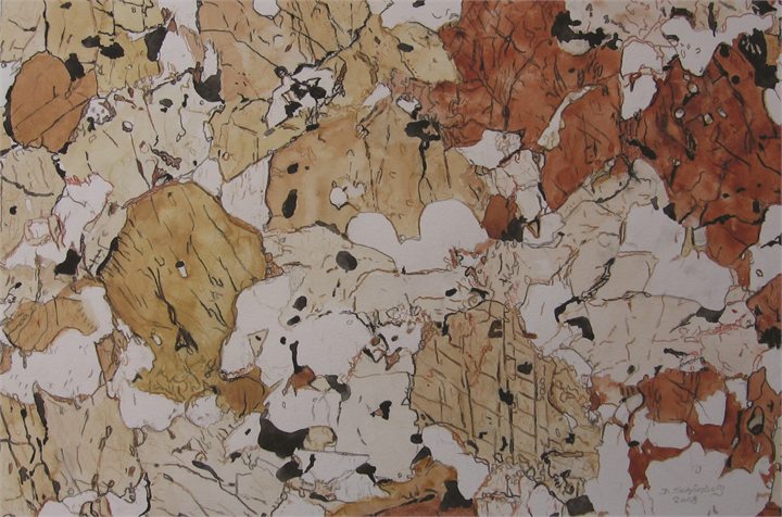 Petrographisches Gemälde Pyroxenführender Amphibolit nach einem Gestein aus Oberpfaffendorf–Oberndorf, Waldviertel, von Dieter Schönberg