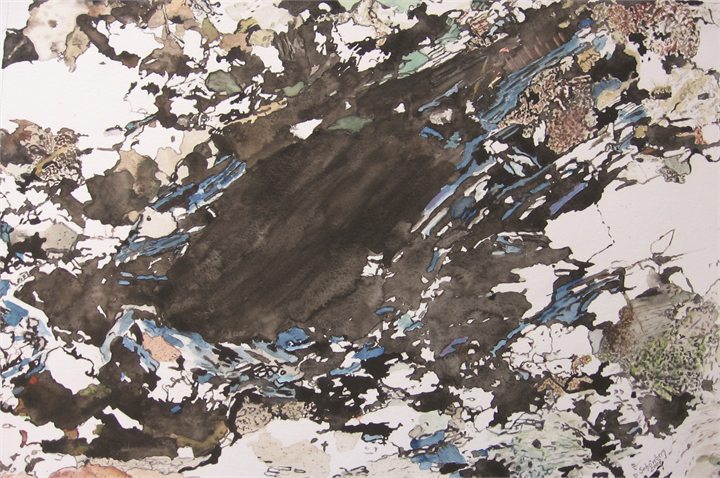 Petrographisches Gemälde Graphit-Sillimanit-Gneis nach einem Gestein aus Karlstein an der Thaya, Waldviertel, von Dieter Schönberg