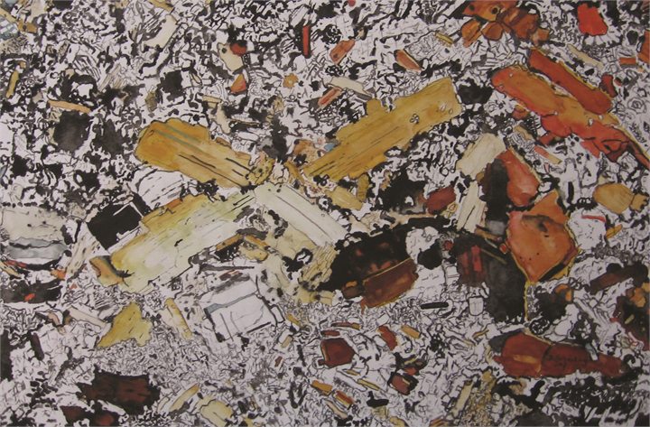 Petrographisches Gemälde Ganggestein nach einem Gestein aus Karlstein an der Thaya, Waldviertel, von Dieter Schönberg
