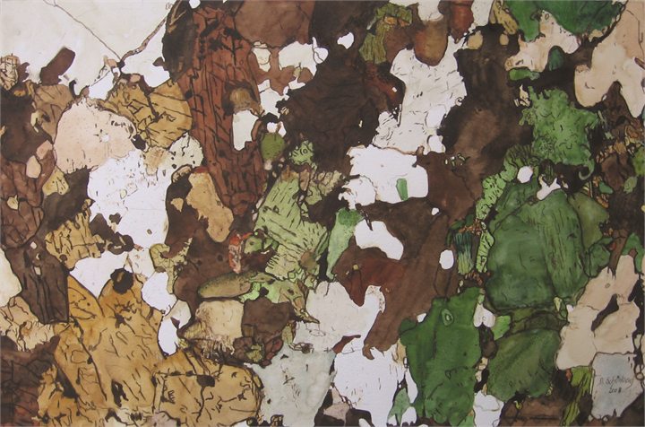 Petrographisches Gemälde Migmatit nach einem Gestein aus Oberpfaffendorf–Oberndorf, Waldviertel, von Dieter Schönberg