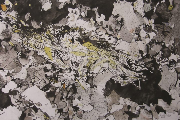 Petrographisches Gemälde Gföhler Gneis nach einem Gestein aus Waldhers, Waldviertel, von Dieter Schönberg