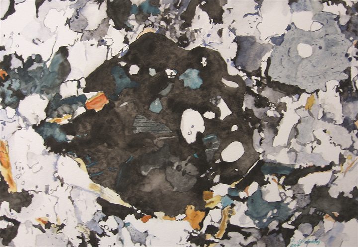 Petrographisches Gemälde Gföhler Gneis nach einem Gestein aus Karlstein an der Thaya, Waldviertel, von Dieter Schönberg