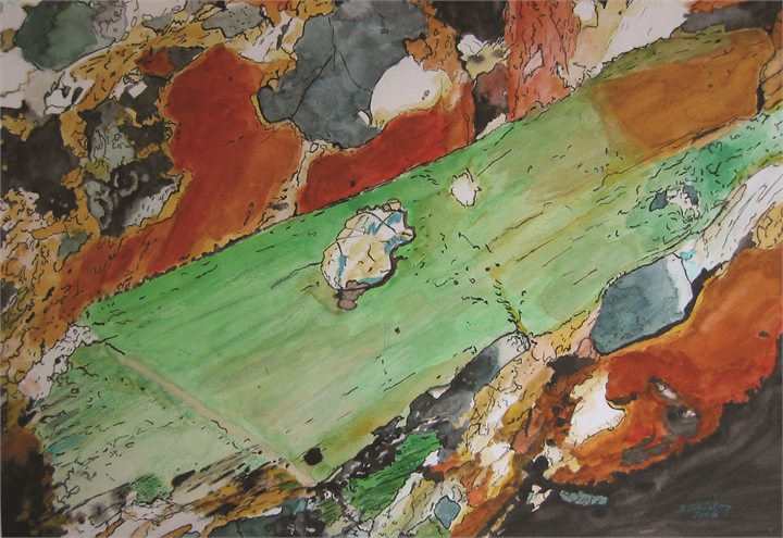 Petrographisches Gemälde Biotitreicher Granulit nach einem Gestein aus Karlstein an der Thaya, Waldviertel, von Dieter Schönberg
