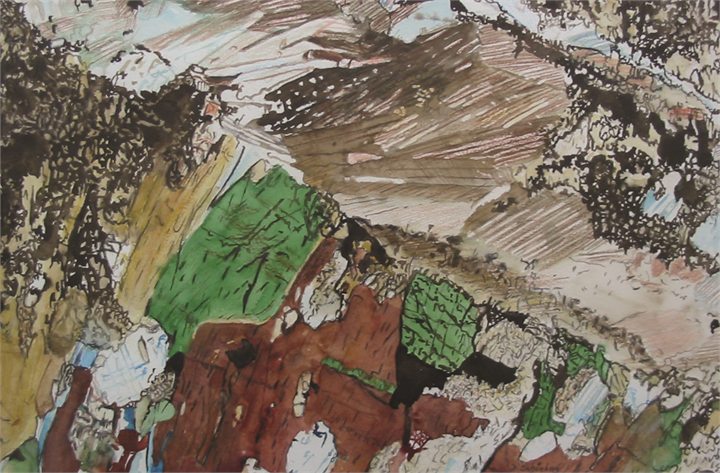 Petrographisches Gemälde Stark gebänderter und pyroxenhaltiger Amphibolit nach einem Gestein aus Liebnitz, Waldviertel, von Dieter Schönberg