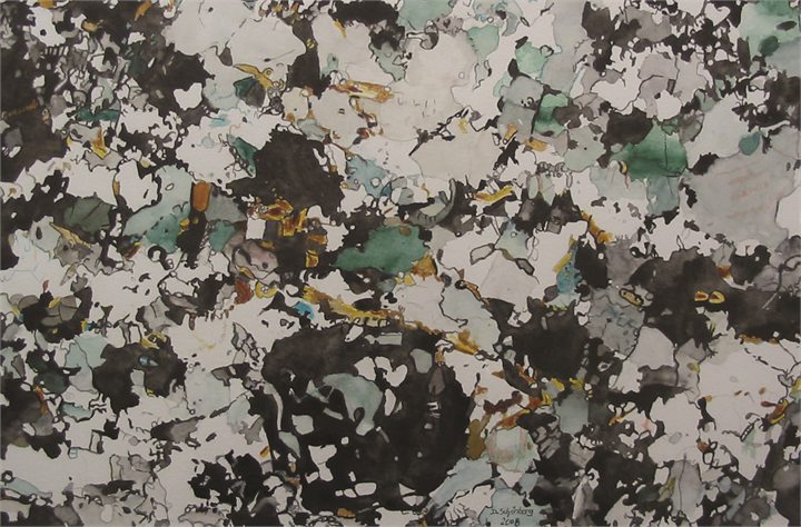 Petrographisches Gemälde Gföhler Gneis nach einem Gestein aus Oberpfaffendorf–Oberndorf, Waldviertel, von Dieter Schönberg