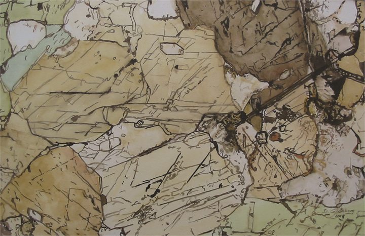 Petrographisches Gemälde Mittelkörniger Amphibolit nach einem Gestein aus Oberpfaffendorf–Raabs, Waldviertel, von Dieter Schönberg